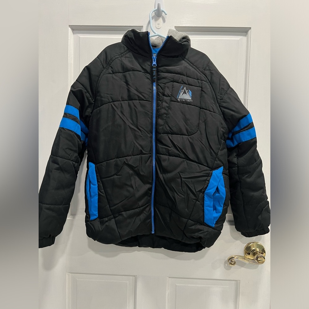 PROTECTION SYSTEM Black Blue Full Zip Hooded Puffer Coat SIZE 8 BOYS Pre Loved